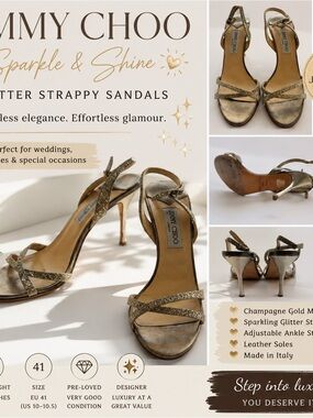 Jimmy Choo London Glitter Strappy Sandals Gold Champagne Heels Size 41